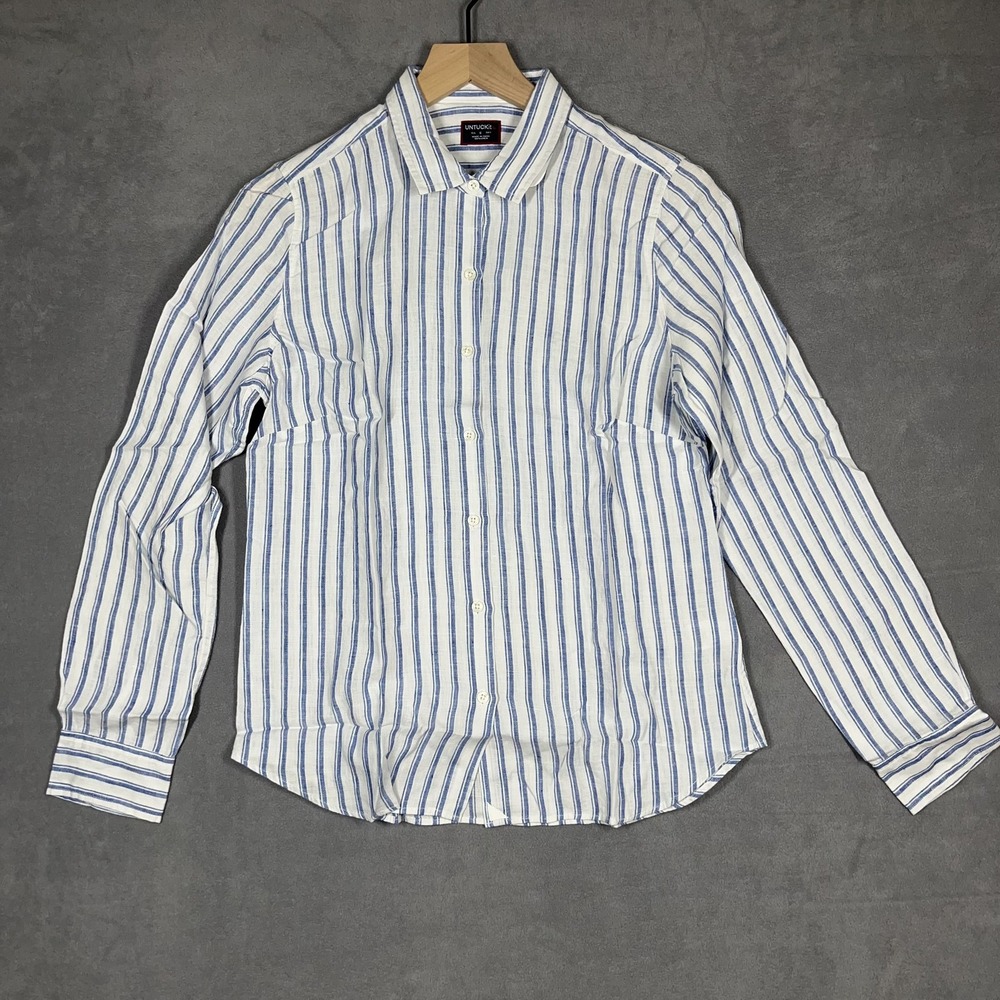 UNTUCKit Shirt Women's 6 Blue White Striped Button Up 100% Linen Collared NEW
